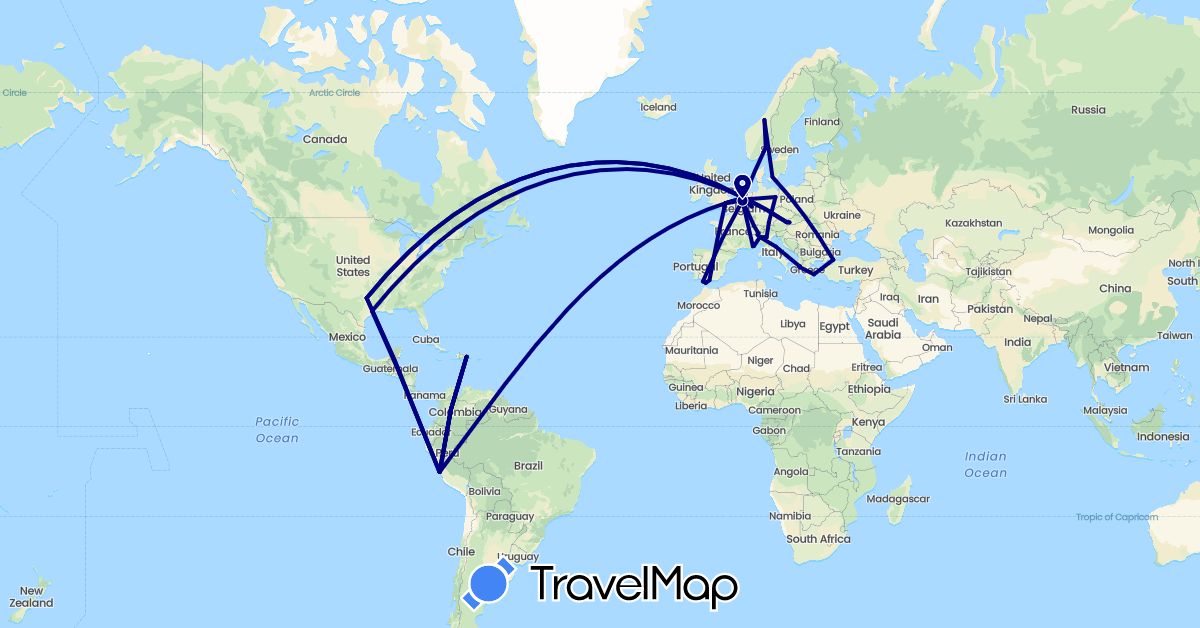 TravelMap itinerary: driving in Austria, Belgium, Switzerland, Colombia, Germany, Denmark, Dominican Republic, Spain, France, United Kingdom, Gibraltar, Greece, Italy, Netherlands, Norway, Peru, Slovakia, Turkey, United States (Asia, Europe, North America, South America)